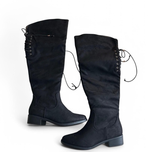 Top Moda Black Over-the-Knee Boots - Size 8, Suede-Like, Lace-Up Detail, New - Picture 3 of 8